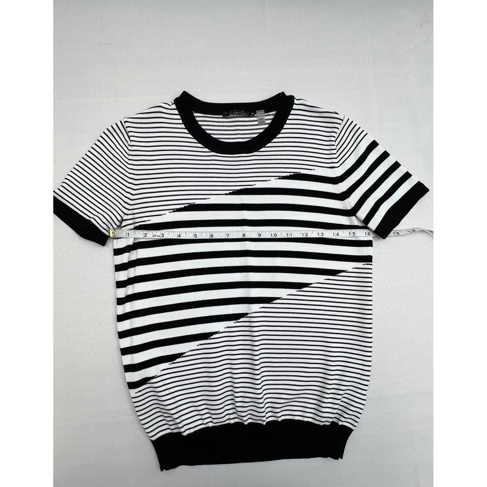 T Tahari Striped Knit Top Short Sleeve Crew Neck Tee Shirt XS